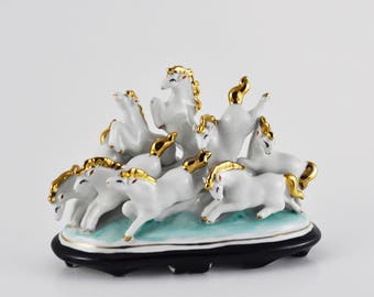 gallerymichel Eight Sacred Horses with Gilded Manes and Golden Tails Vintage Porcelain Figurine