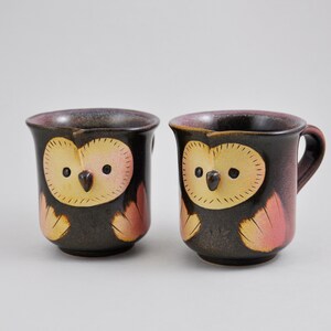 gallerymichel Pair of Hand Decorated Owl Pottery Mugs