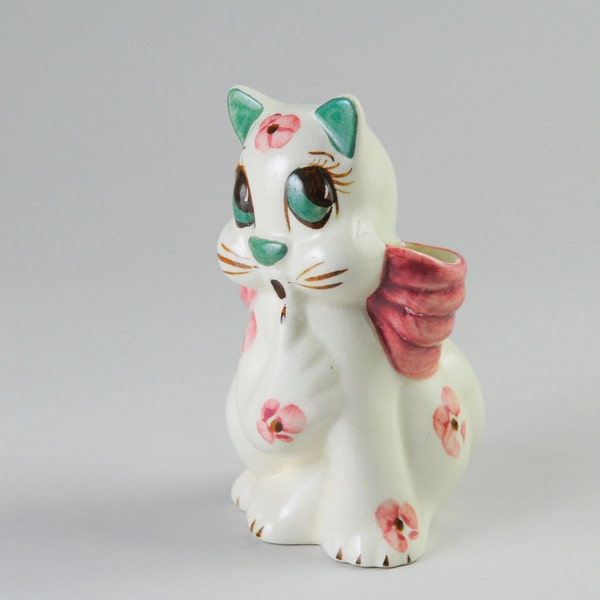 gallerymichel Vintage Ceramic Cat Planter with Rosy Pink Bow