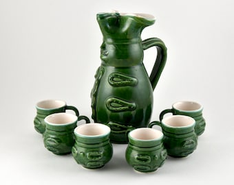 gallerymichel Vintage Hungarian Hussar Soldier Green Glazed Figural Jug with Six Little Mugs