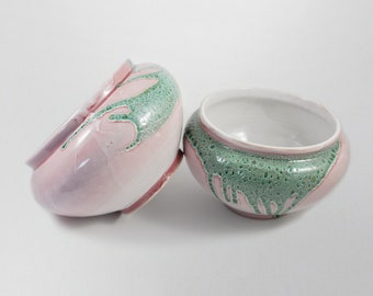 gallerymichel Pair of Green Wrapped Glaze on  Pink Potttery  Pots