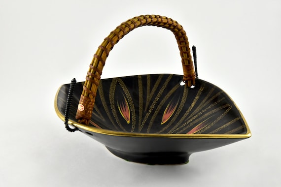 gallerymichel Dümler & Breiden West German Atomic Tear Drop Black Ceramic Dish with Gold and Red Details plus Wired Wicker Handle