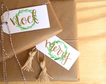 Holiday Wreath Gift Tags (Set of 8) - Hand Lettered - Gold Ink - Christmas - Modern calligraphy