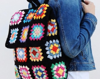 Crochet Granny Square Backpack: Vintage Boho Style Purse