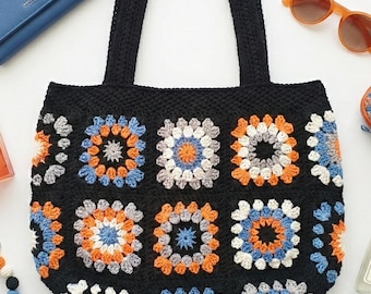 Crochet Granny Square Tote Bag: Handmade Cotton Flower Purse