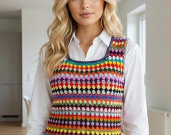 Crochet Granny Square Wool Vest: Women's Boho Crop Top