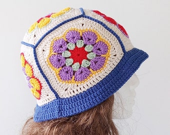 Crochet Bucket Hat, Granny Square Hat, Bucket Hat for Woman, Floral Bucket Hat, Vintage Style Hippie Hat, Knitted Hat, Crochet Festival Hat