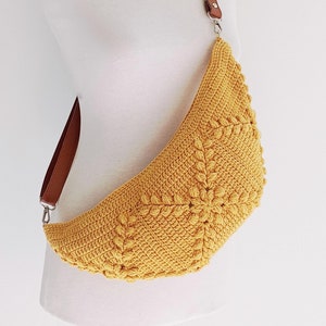 Sac bandoulière en crochet, sac à main grand-mère carré moutarde, sac banane fleuri