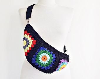 Crochet Granny Square Sling Bag: Boho Cotton Fanny Pack