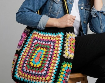 Crochet Granny Square Tote Bag, Handmade Cotton Boho Purse