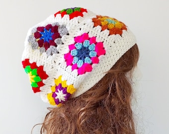 Handmade Crochet Granny Square Beanie: Slouchy Wool Winter Hat