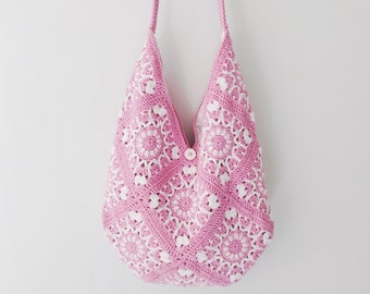 Pink Crochet Granny Square Hobo Bag, Slouchy Shoulder Bag, Large Crossbody Bag, Boho Hippie Crossbody Bag, Crochet Purse, Pink Tote Bag