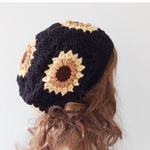 Crochet Sunflower Slouchy Beanie: Wool Blend Cloche Hat