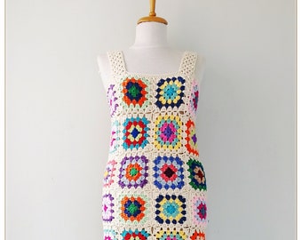 Granny Square Dress, Crochet Dress, Retro Dress, Hippie Dress, Boho Dress, Vintage Style, Gift for Her, Crochet Summer Dress, Colorful Dress