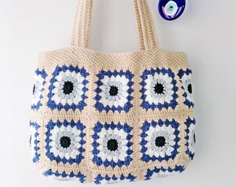 Crochet Granny Square Evil Eye Tote Bag: Cotton Lined Shoulder Bag