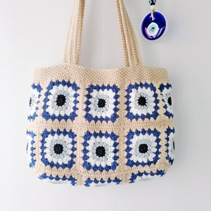 Granny Square Bag, Evil Eye Tote Bag, Crochet Shoulder Bag, Tote Aesthetic Bag, Crochet Girls Purse, Granny Square Purse, Crochet Market Bag