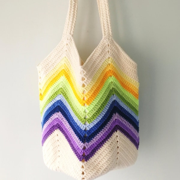 Crochet Striped Tote Bag: Colorful Chevron Cotton Shopper
