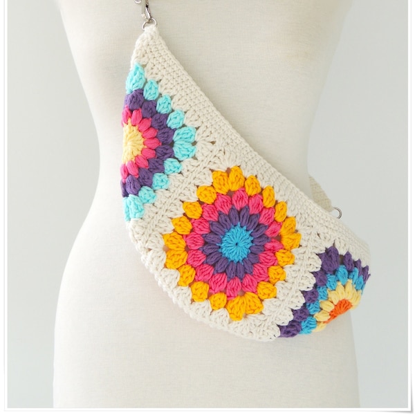 Crochet Granny Square Bum Bag, Bohemian Crossbody Fanny Pack, Colorful Sling Bag
