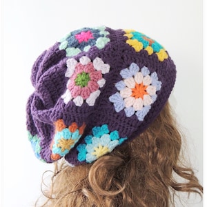 Slouchy Beanie, Mormors fyrkantiga virkad mössa, Virkad mössa, Ullmössa, Damvintermössor, Slouchy mössa, Regnbågsmössa, Boho vintermössa