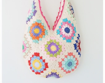 Crochet Bag, Crochet Tote Bag, Aesthetic Tote Bag, Hobo Bag, Crochet Purse, Floral Tote Bag, Boho Bag, Granny Square Bag, Vintage Style