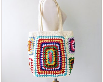 Sac carré grand-mère au crochet, sac à bandoulière au crochet, sac carré grand-mère, sac des années 1970, sac fourre-tout esthétique, sac de marché au crochet, sac à main grand-mère carré