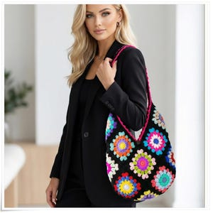 Borsa a tracolla "Grandma Square" all'uncinetto: borsa tote boho in cotone fatta a mano