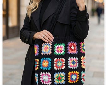 Crochet Granny Square Tote Bag: Handmade Cotton Bohemian Purse