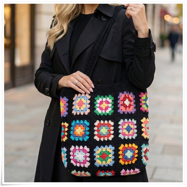 Crochet Granny Square Tote Bag: Handmade Cotton Bohemian Purse