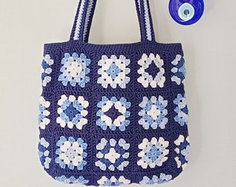 Crochet Bag, Evil Eye Bag, Crochet Tote Bag, Knitting Bag, Aesthetic Tote Bag, Granny Square Bag, Boho Bag, Shopping Bag, Floral Tote Bag