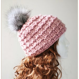 Chunky Knit Hat, Pink Chunky Knit Beanie, Hand Knit Hat, Chunky Knitted Hat For Woman, Chunky Knitted Hat, Women&#39;s Wool Knit Hat, Pom Hat
