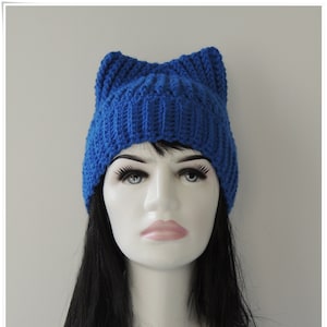 Royal Blue Crochet Cat Ear Beanie: Chunky Wool Blend Winter Hat