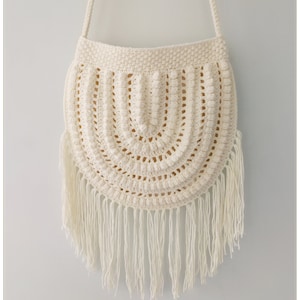 Crochet Crossbody Bag, Ecru Hobo Purse with Fringe