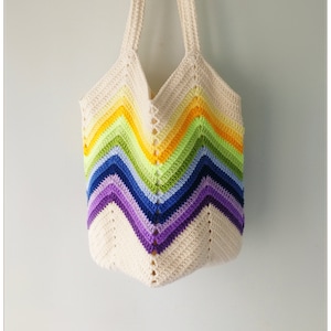 Crochet Striped Tote Bag: Colorful Chevron Cotton Shopper