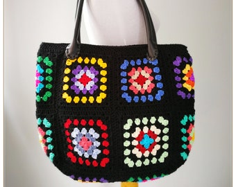 Crochet Bag, Granny Square Bag, Large Bag ,Black Bag, Retro Bag , Vintage Style, Hippie Bag , Crochet Purse, Gift for Her, Boho Bag