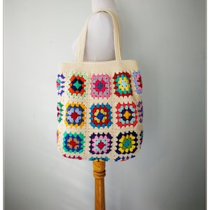 Crochet Bag, Granny Square Bag, Crochet Purse, Crochet Tote Bag, Retro Bag, Hippie Bag, Gift for Her, Boho Bag, Cream Crochet Bag image 1