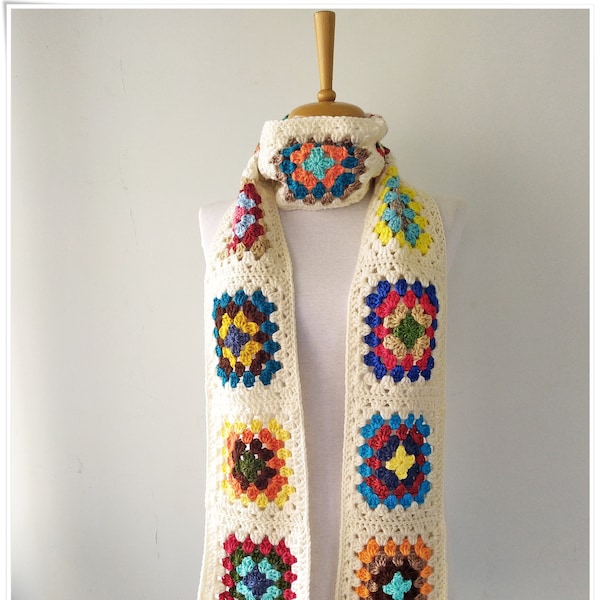 Crochet Granny Square Scarf, Blanket Scarf, Scarves For Women, Mens Scarf, Wool Scarf, Rainbow Scarf, Birthday Gifts for Her, Useful Gifts