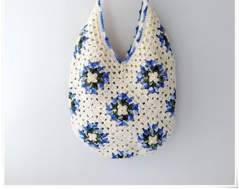 Granny Square Bag, Slouchy Hobo Bag, Shabby Chic Bag, Small Bohemian Bag,1970s Purse, Flower Tote Bag, Crochet Shoulder Bag, Floral Tote Bag