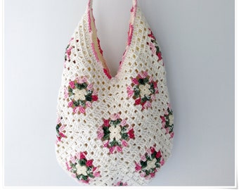 Granny Square Bag, Shabby Chic Bag, Slouchy Hobo Bag, Flower Tote Bag, Crochet Shoulder Bag, Small Bohemian Bag,1970s Purse, Cottagecore Bag