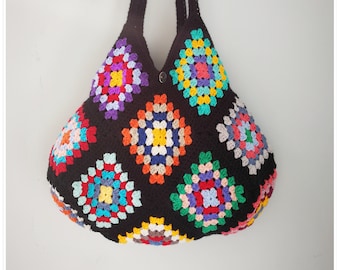 Bolso de mano cuadrado de ganchillo hecho a mano estilo abuela, bolso de compras bohemio colorido