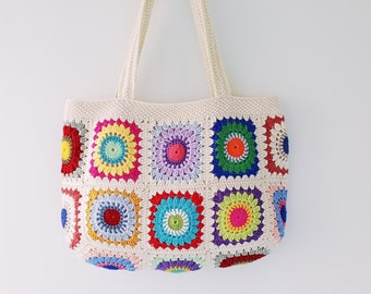 Granny Square Bag, Crochet Bag, Aesthetic Tote Bag, Knitting Bag, Hippie Bag, Teacher Tote Bag, Handmade Bag, Boho Bag, Crochet Shoulder Bag