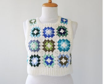Crochet Granny Square Crop Vest: Colorful Boho Wool Sweater