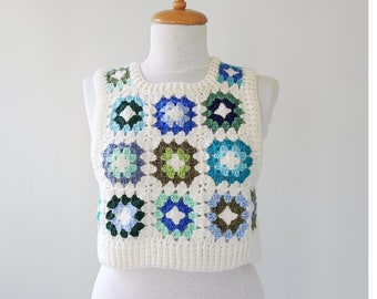 Häkeln Sie Oma Quadrat Pullover Weste, Crop Wollweste, Häkeln Weste für Frau, gestrickte Weste, Strickjacke, Bunter Pullover, Boho Weste