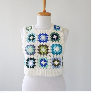 Crochet Granny Square Sweater Vest, Crop Wool Vest, Crochet Vest For Woman, Knitted Vest, Cardigan Sweater, Colorful Sweater, Boho Vest image 1