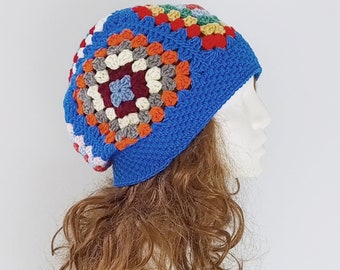 Crochet Granny Square Hat, Slouchy Crochet Beanie, Women's Crochet Hat, Men's Winter Hat, Slouchy Winter Hat, Knit Beanie, Woodstock Hat