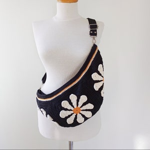 Crochet Daisy Crossbody Bag, Granny Square Hobo Sling, Black Bum Bag