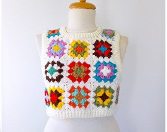 Sweater Vest, Crochet Wool Sweater, Granny Square Vest, Cropped Cozy Sweater, Crochet Vest For Woman, Knitted Vest, Cardigan Sweater