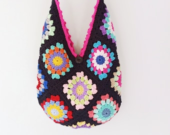 Crochet Granny Square Crossbody Bag: Handmade Cotton Hobo Purse
