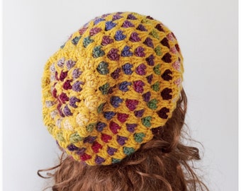 Handmade Crochet Slouchy Beanie: Yellow Wool Knit Winter Hat