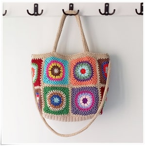 Crochet Granny Square Crossbody Bag, Boho Style Granny Square Tote, Crochet Handbag with Strap Variations, Retro Crochet Bag, Crochet Purse image 1