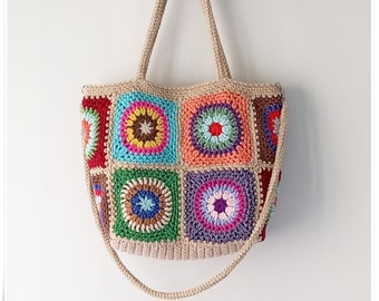 Crochet Granny Square Crossbody Bag, Boho Style Granny Square Tote, Crochet Handbag with Strap Variations, Retro Crochet Bag, Crochet Purse